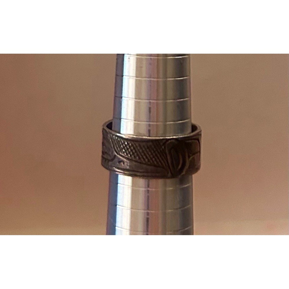 Engraved Silver Tone Metal Band Ring Size 11, No Gemstones, Dark Metal Look